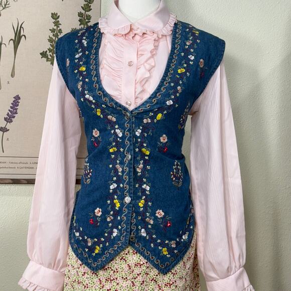 Vintage 80s 90 Embroidered Floral Denim Vest Cottage Prairie Coastal Grandma L - Picture 1 of 6